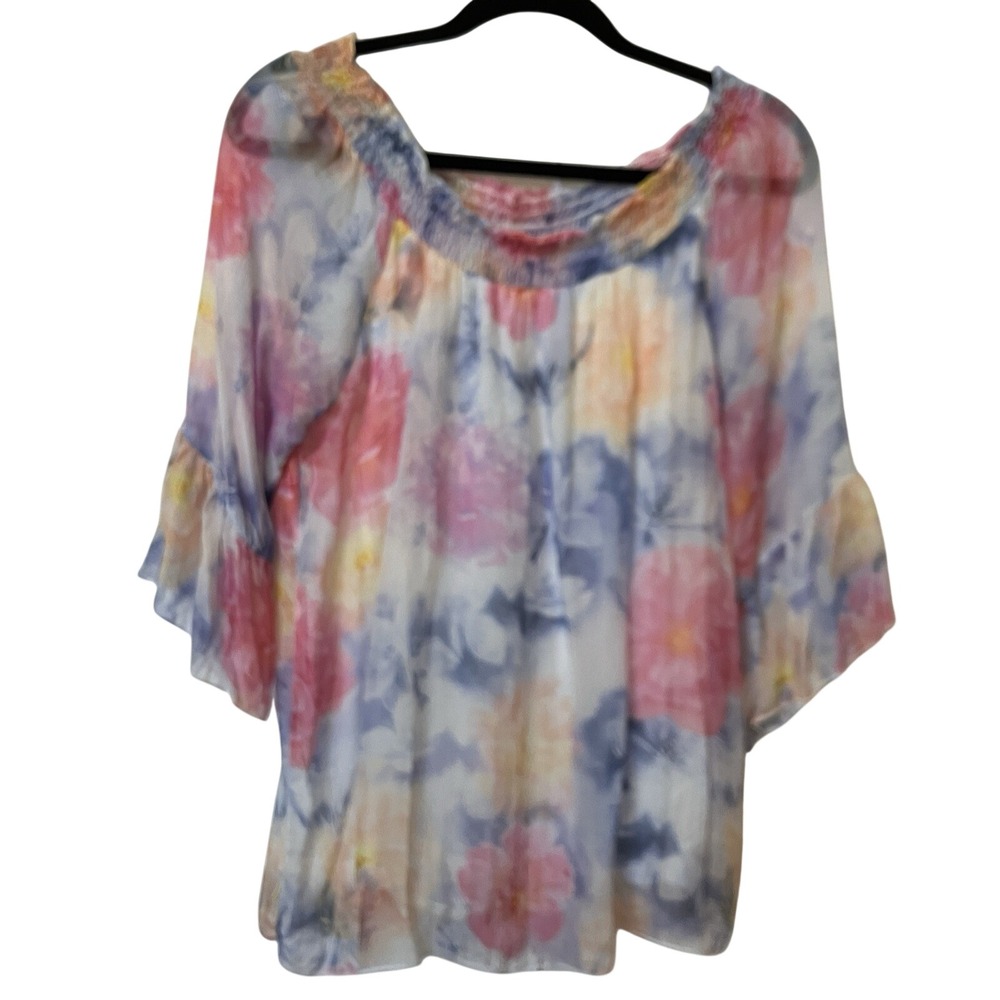 Angela Moda Italy Floral 100% Silk Smocked Ruffle Bell Sleeve Blouse  L Fairy